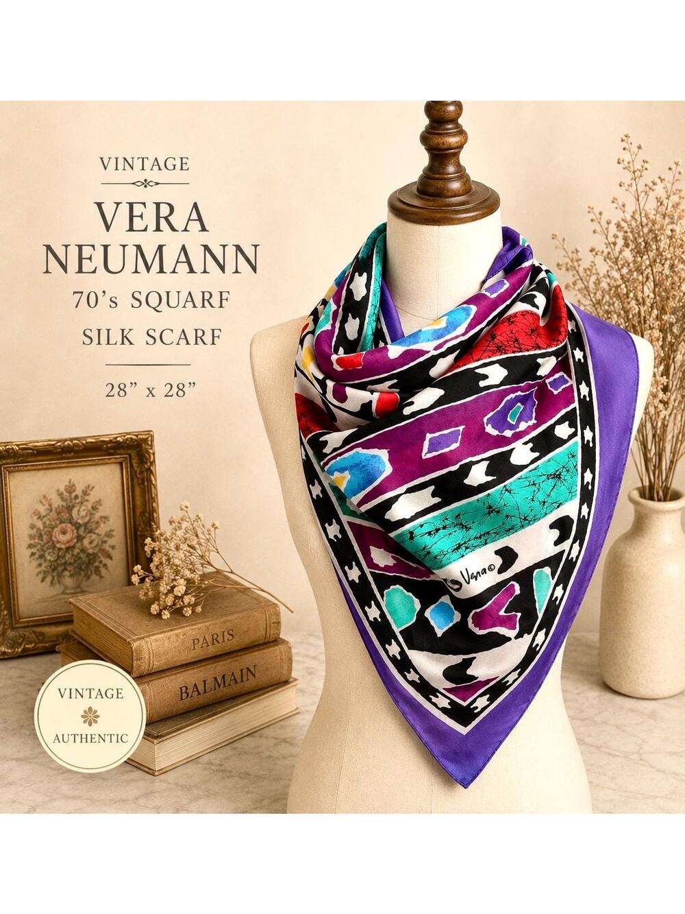 Vintage Vera Neumann Silk Scarf Purple Geometric Abstract Square 28”